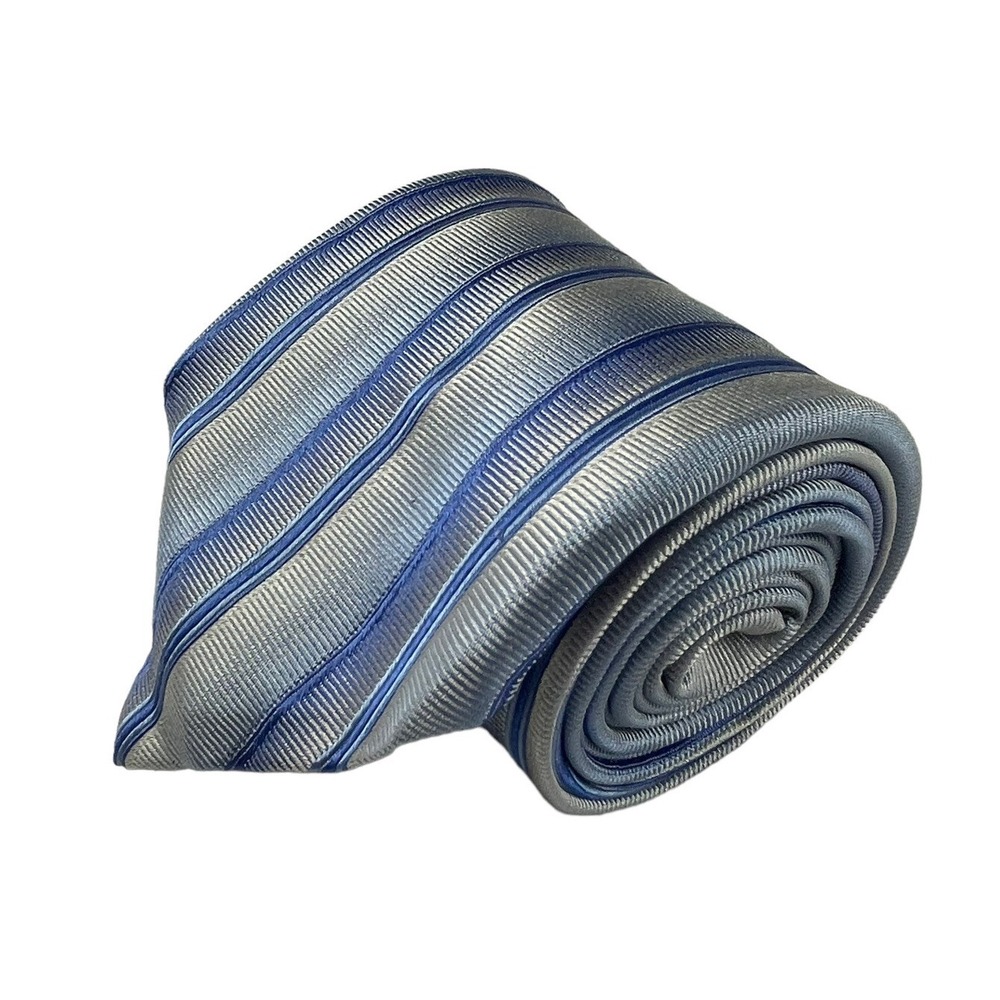 Zilli Silver Blue Striped Pure Silk Mens Tie 4 Inch Width Luxury Necktie